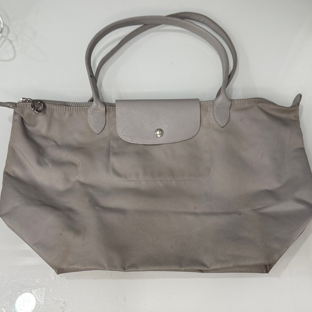Longchamp Light Gray Le Pliage Nylon Tote with Top Flap - needs cleaning
